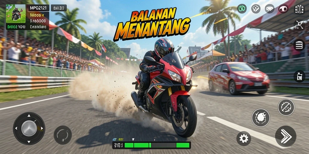Tampilan gameplay seru MPO2121 saat balapan motor cepat.