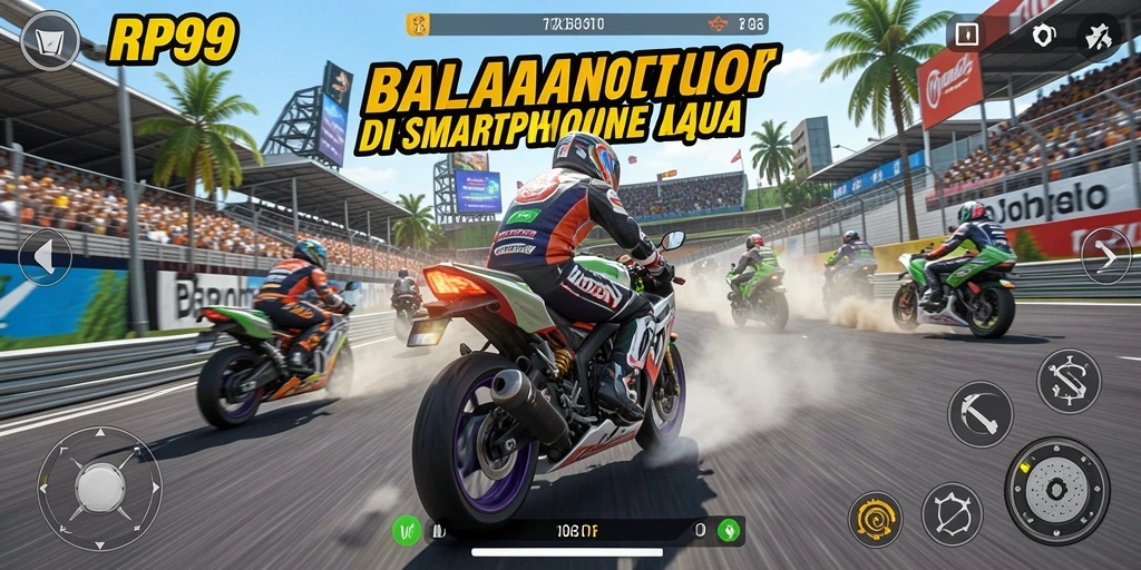 Screenshot gameplay <strong>RP99</strong> yang menampilkan balapan motor seru di lintasan.